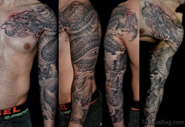 Grey Dragon Tattoo On Full Sleeve