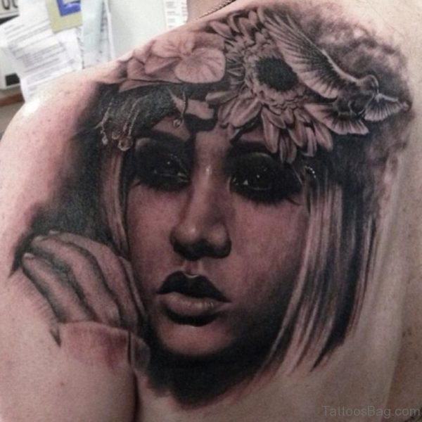 Grey Flower And Girl Portrait TattooGirl Portrait Tattoo ST1220