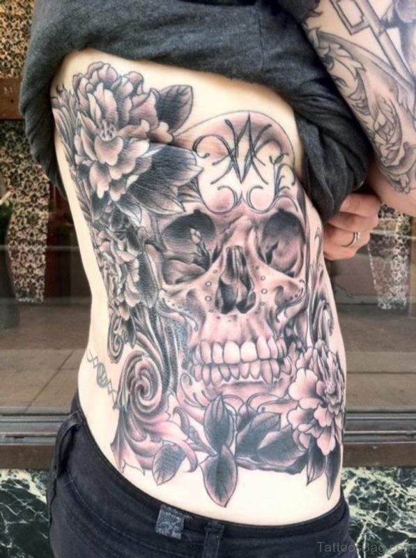 Grey Flower And Skull Tattoo