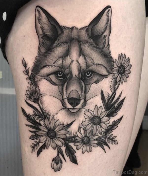 Grey Flowers And Fox Tattoo
