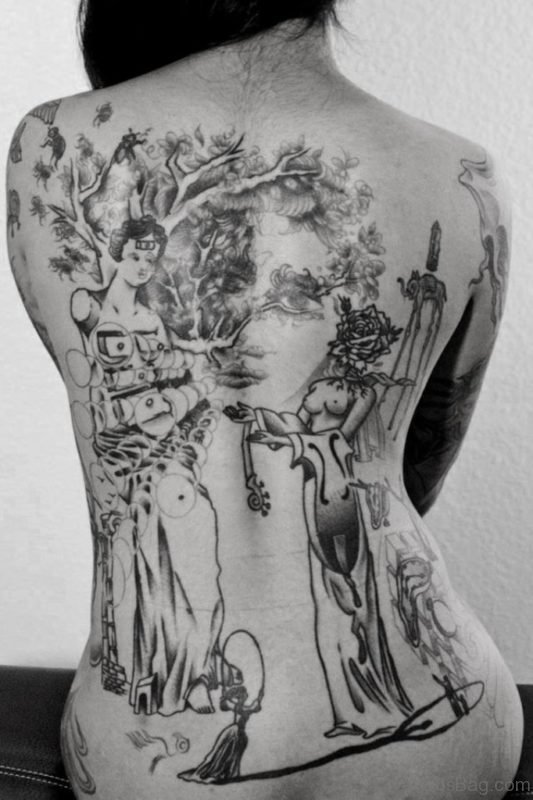 Grey Geisha Tattoo On Back