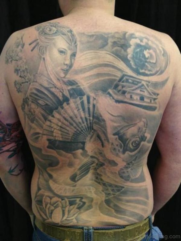 Grey Geisha Tattoo On Back Image