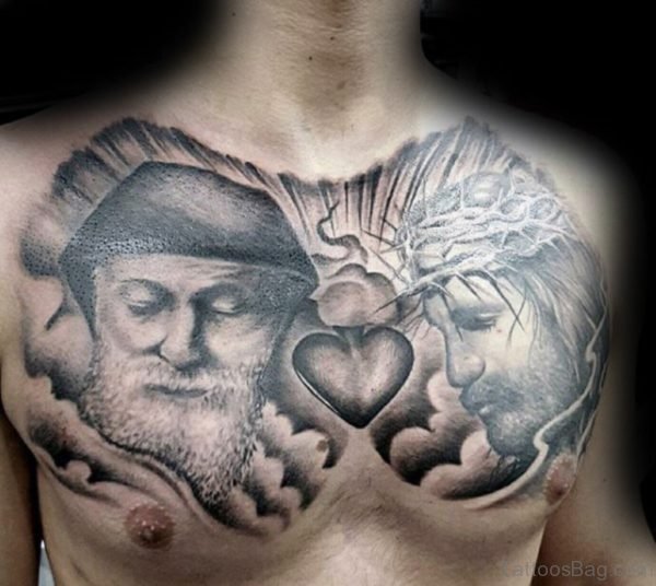 Grey Heart And Jesus Tattoo