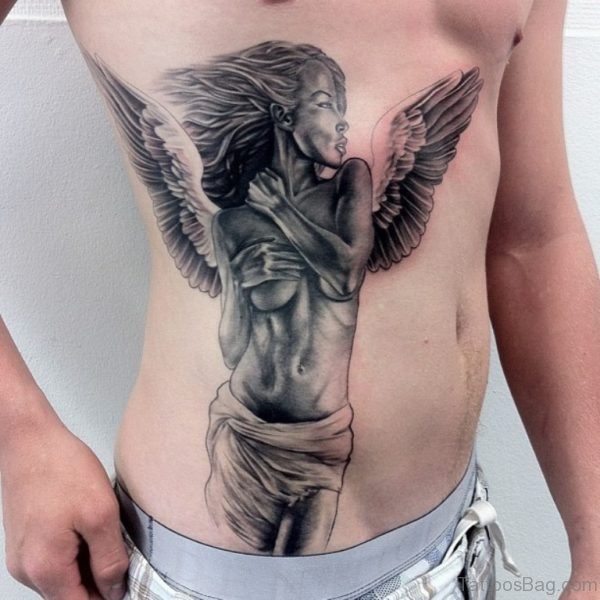 Grey Ink Angel With Wings Grey Ink Tattoo On Side Rib