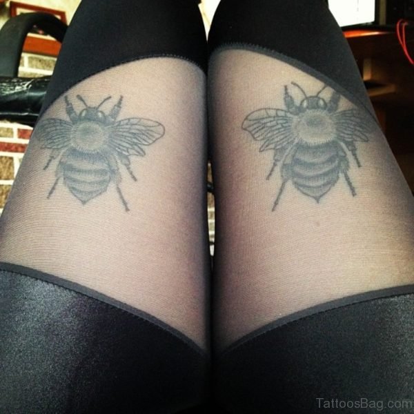 Grey Ink Bee Tattoos On Thigh