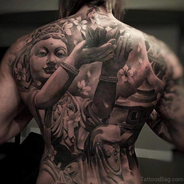 Grey Ink Buddha And Lotus Tattoo On Full Back