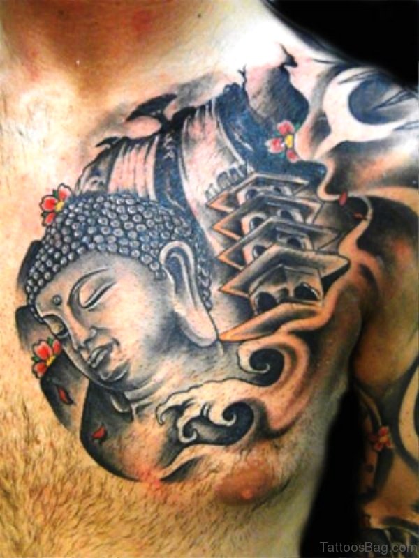 Grey Ink Buddha Tattoo On Chest