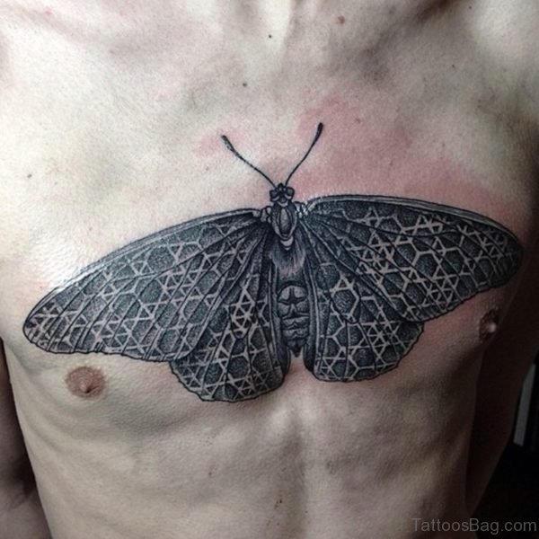 Grey Ink Butterfly Tattoo On Chest For Men