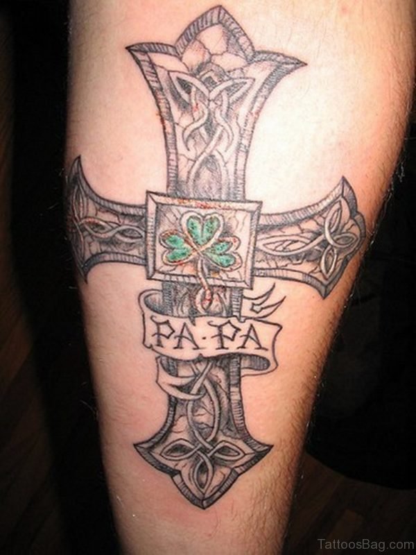 Grey Ink Celtic Cross With Papa Banner Tattoo On Leg