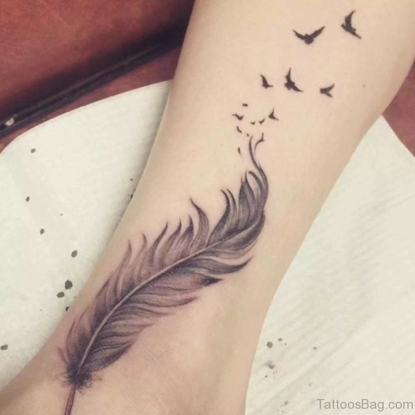 Grey Ink Feather And Flying Birds Tattoo Design