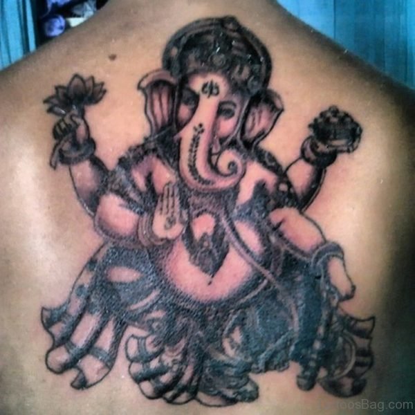 Grey Ink Ganesha Tattoo On Back