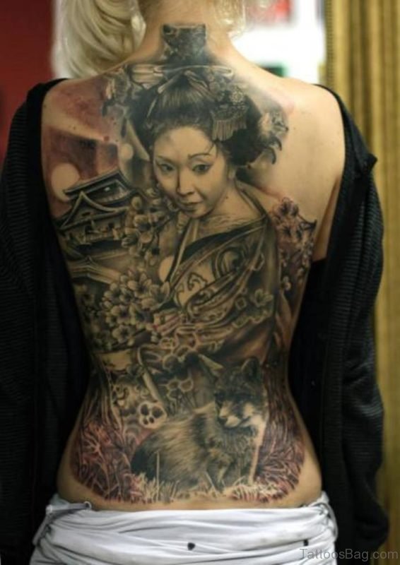 Grey Ink Geisha Tattoo