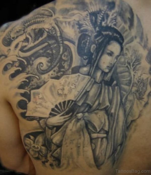Grey Ink Geisha Tattoo On Back Body