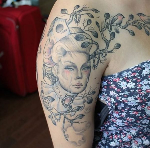 Grey Ink Geisha Tattoo On Girl Right Half Sleeve