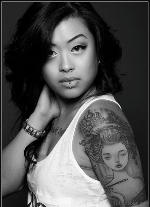 Grey Ink Geisha Tattoo On Left Half Sleeve For Girls