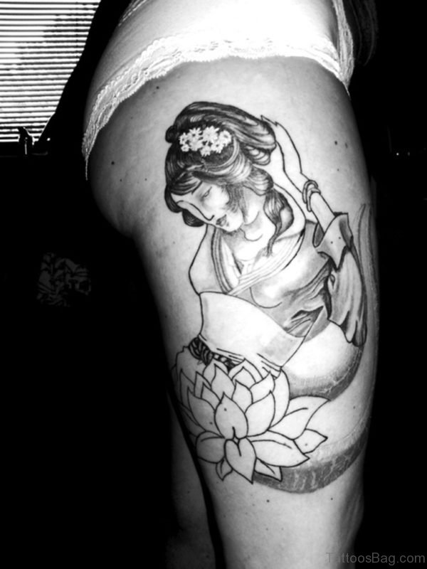 Grey Ink Geisha Tattoo On Right Thigh