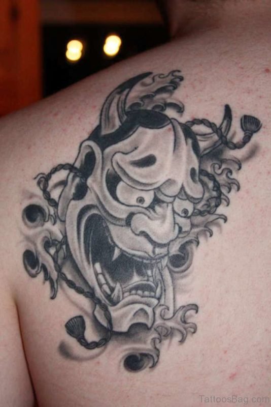 Grey Ink Hannya Tattoo On Left Back Shoulder