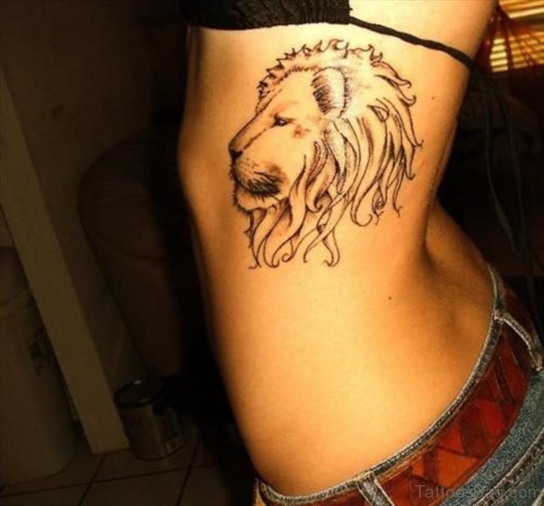 Grey Ink Lion Head Tattoo On Side Rib