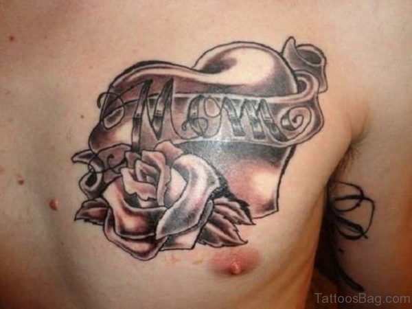 Grey Ink Mom Heart With Rose Tattoo On Chest