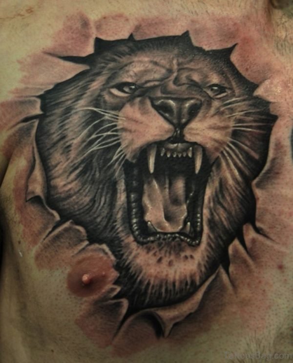 Grey Ink Roaring Lion Tattoo