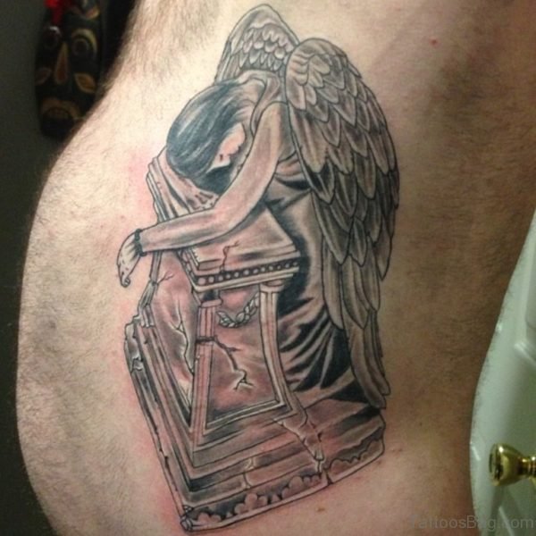 Grey Ink Sad Angel Tattoo On Rib Side