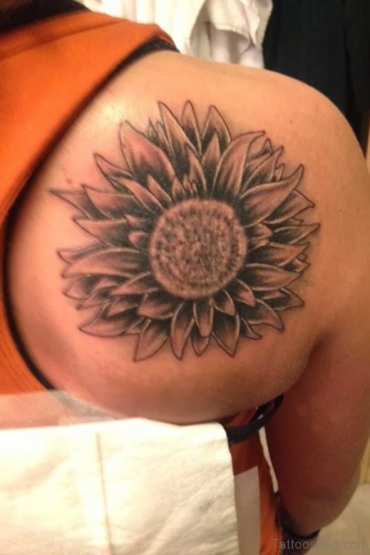 Grey Ink Sunflower Tattoo On Right Back Shoulder