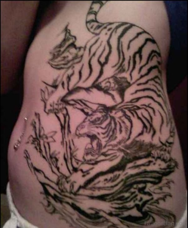 Grey Ink Tiger Tattoo On Rib Side