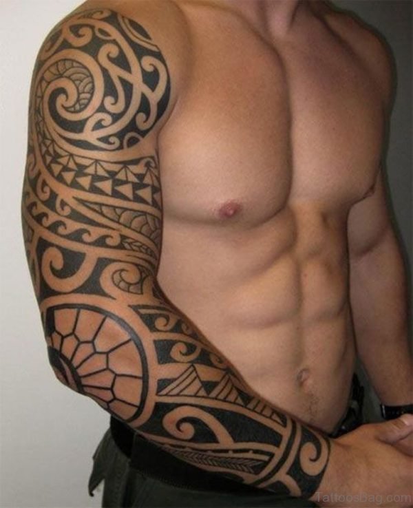 Grey Ink Tribal Tattoo Design On Full Sleeve 