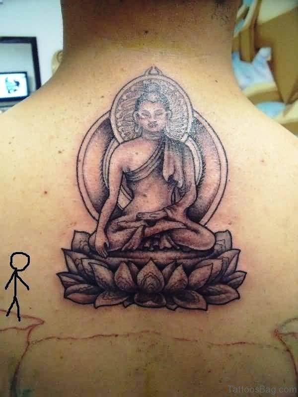 Grey Inked Buddha Tattoo On Back