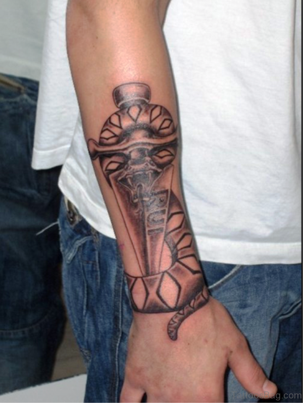 Grey Inked Dagger Tattoo On Arm