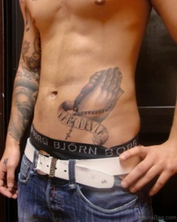 Grey Praying Hands Tattoo On Rib