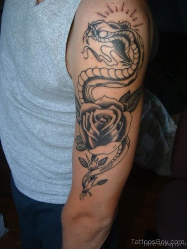Grey Rose And Snake Tattoo On Shoulder