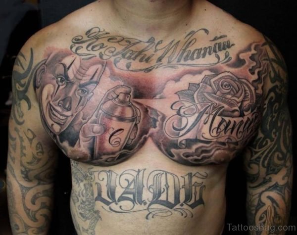 Grey Rose Flower And Joker Tattoo On Man Chest