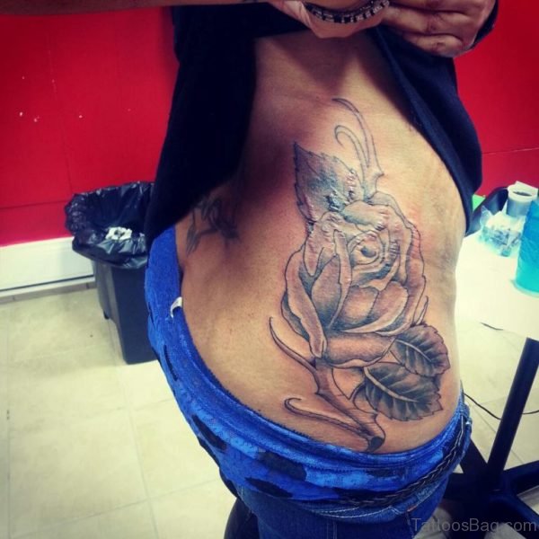 Grey Rose Tattoo On Rib Side