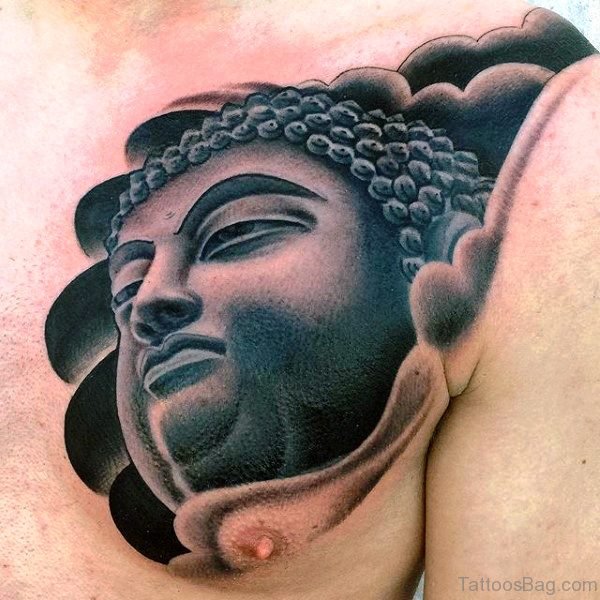 Grey Shaded Buddha Tattoo On Chest