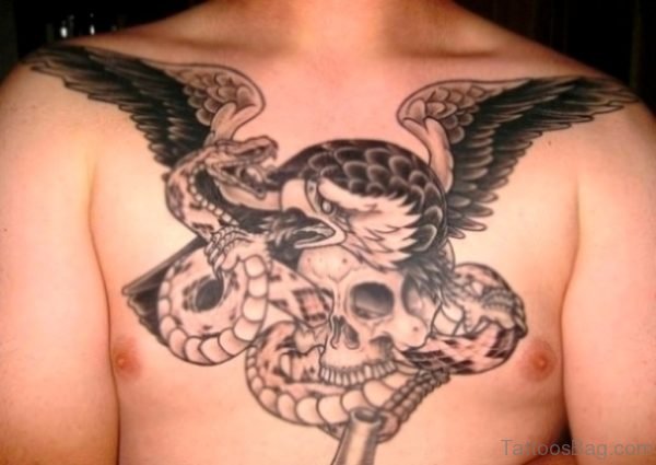 Grey Skull And Snake Tattoo