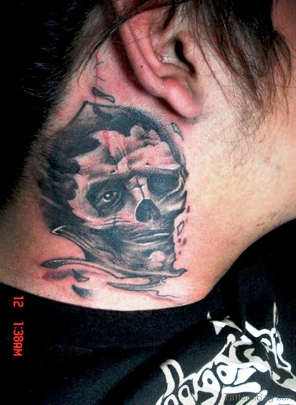 Grey Skull Neck Tattoo