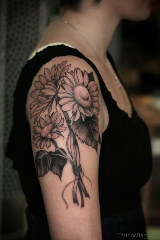 Grey Sunflower Tattoo On Shoulder