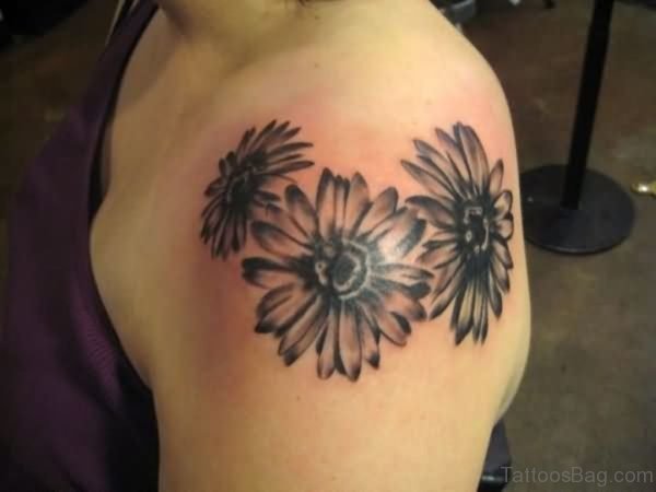Grey Sunflower Tattoos On Left shoulder