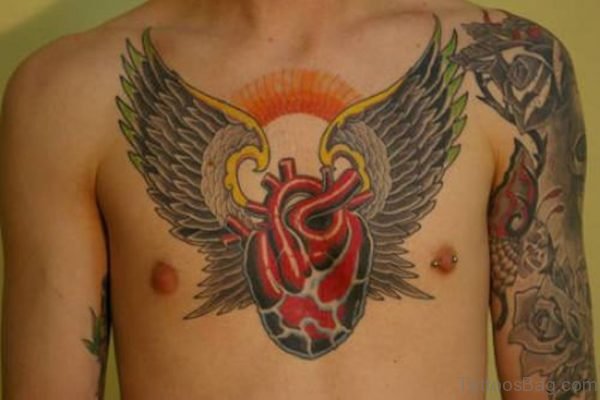 Grey Wings And Heart Tattoo