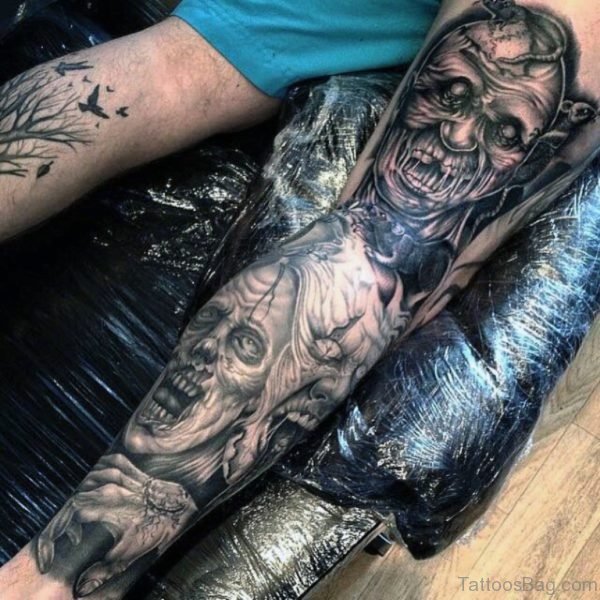 Grey Zombie Tattoo On Leg