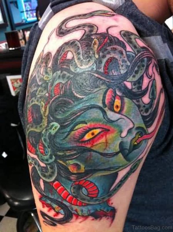 Groovy Medusa Tattoo On Shoulder