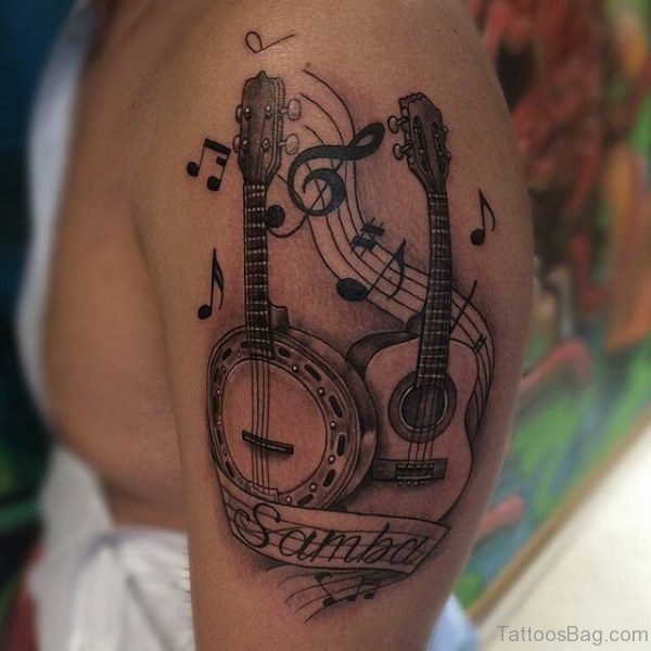 Guitar Tattoo On Shoulder 