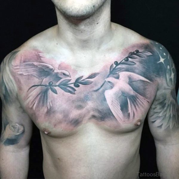 Guys Dove With Olive Branch Tattoo On Chest