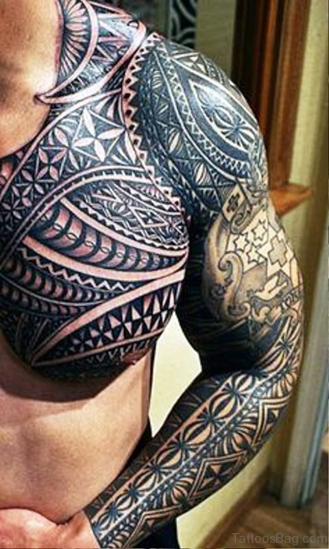 Half Chest And Full Artmm Armour Tattoo