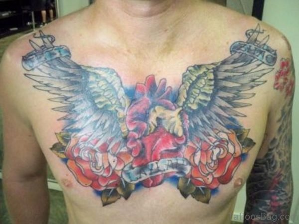 Heart And Rose Wing Chest Tattoo