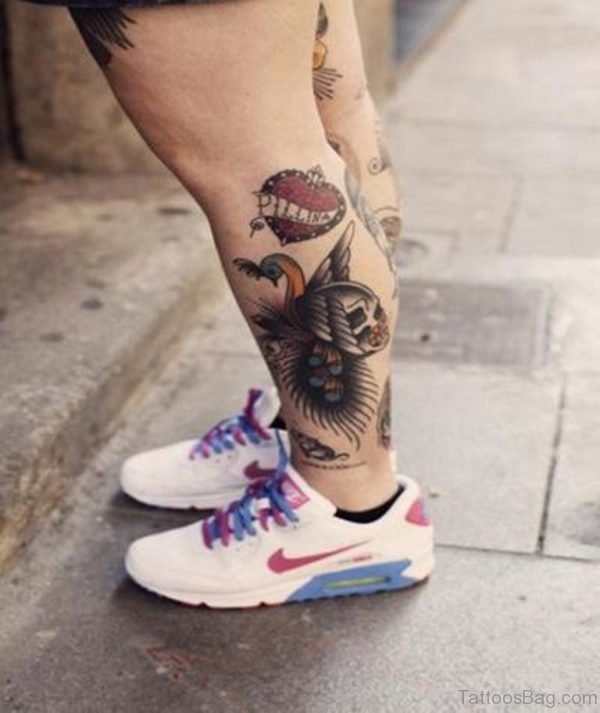 Heart And Skull Leg Tattoo