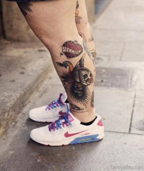 Heart And Skull Leg Tattoo Design