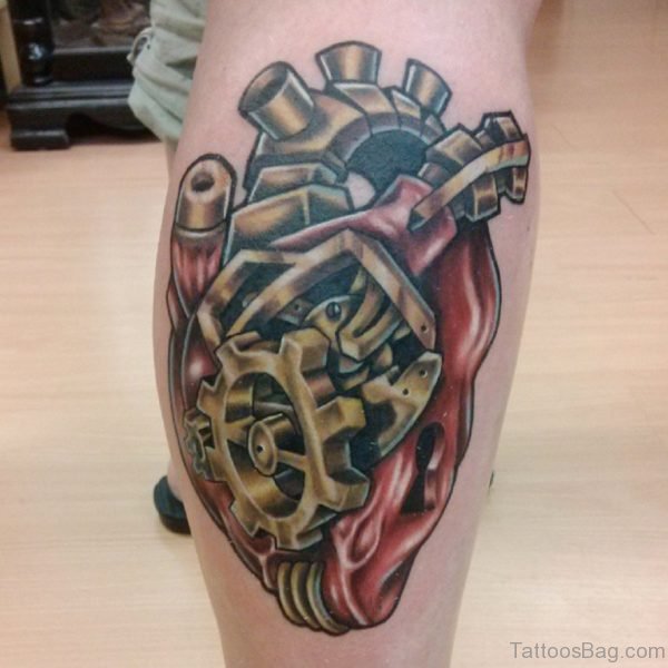 Heart Biomechanical Tattoo On Leg