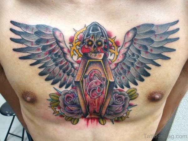 Heart Coffin Skull Roses Tattoo On Chest